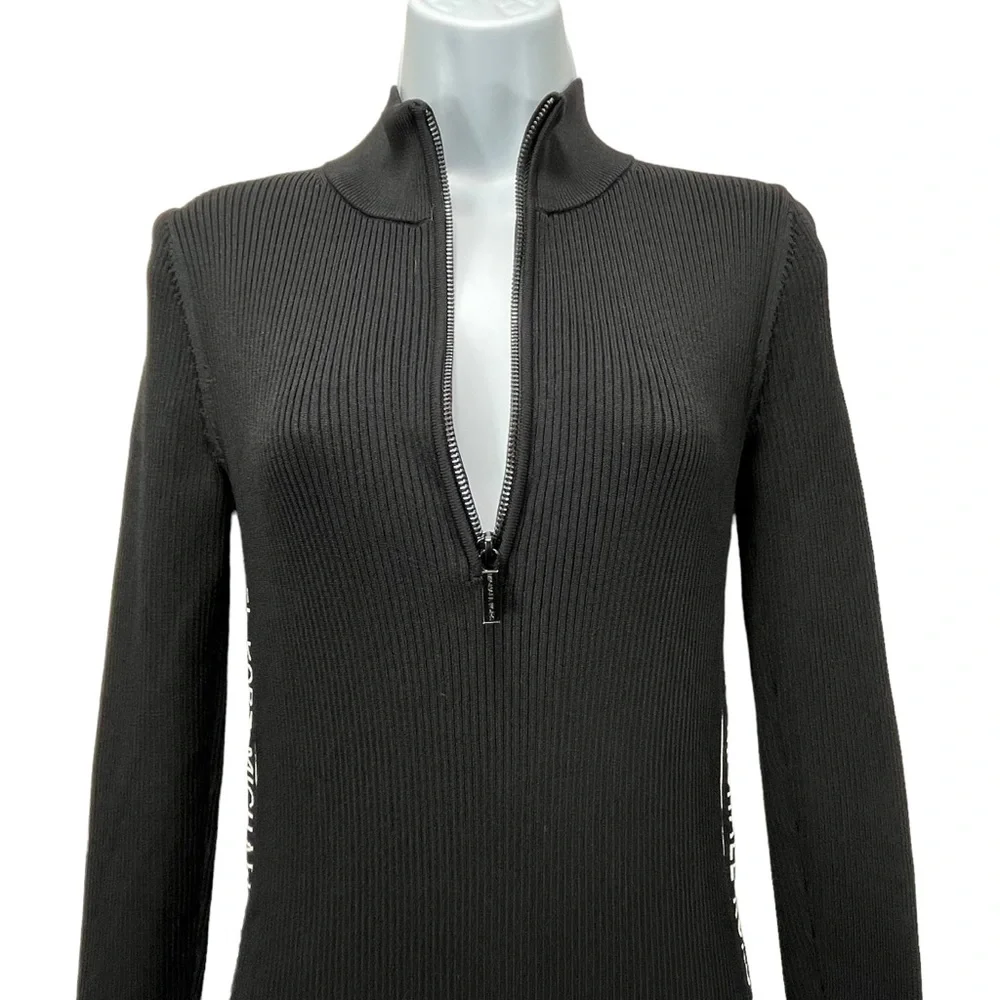 Michael Kors Black Ribbed Knit Logo Tape Zip Front Midi Dress‎ Women’s Medium